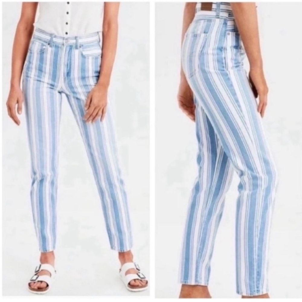 American Eagle Mom Jeans in Retro Indigo Stripe blue white high rise size four